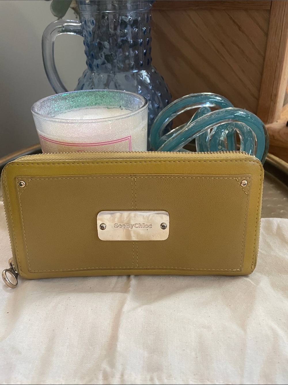 See By Chloe Olive Yellow Leather Zip Wallet Metal Logo Continental Authentic